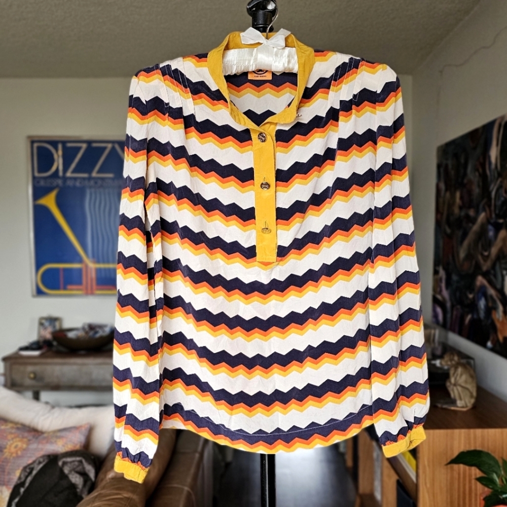 Tory Burch Silk Chevron Striped Button Up Blouse‎